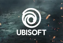 White Ubisoft logo centered over a dark, textured background with glowing sparks