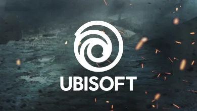 White Ubisoft logo centered over a dark, textured background with glowing sparks