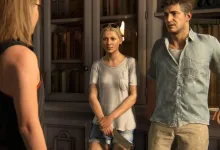 Nathan Drake and Elena Fisher stand inside a room in Uncharted 4: A Thief's End.