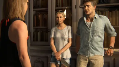 Nathan Drake and Elena Fisher stand inside a room in Uncharted 4: A Thief's End.