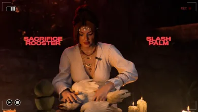 A woman holds a rooster during a candlelit ritual in Until Dawn 2.