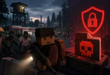 Blocky Unturned survivor with a flashlight faces zombies beside a glowing red shield and locked skull warning icon.