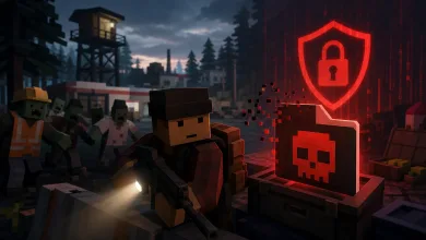 Blocky Unturned survivor with a flashlight faces zombies beside a glowing red shield and locked skull warning icon.