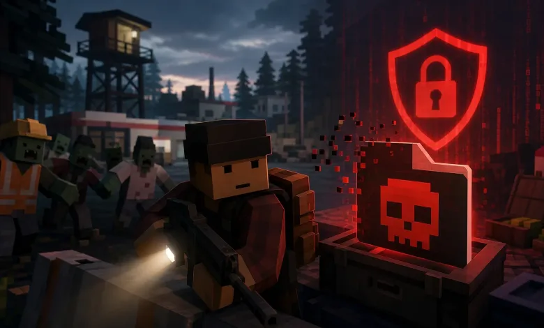 Blocky Unturned survivor with a flashlight faces zombies beside a glowing red shield and locked skull warning icon.
