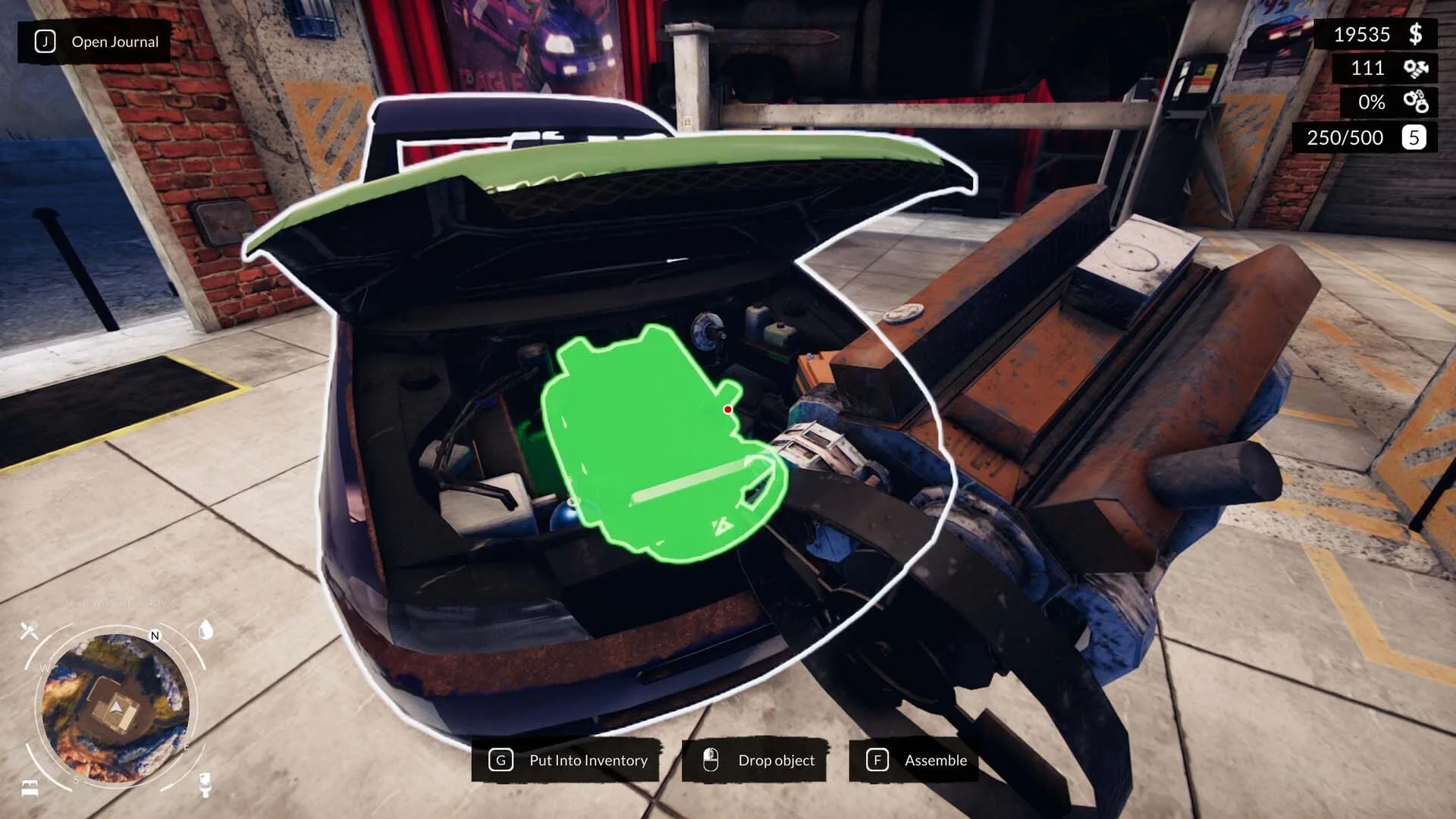 Used Cars Simulator repair interface showing an open vehicle and damaged parts