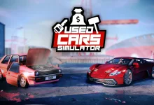 Used Cars Simulator logo above an old car with its hood open and a red sports car