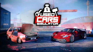 Used Cars Simulator logo above an old car with its hood open and a red sports car