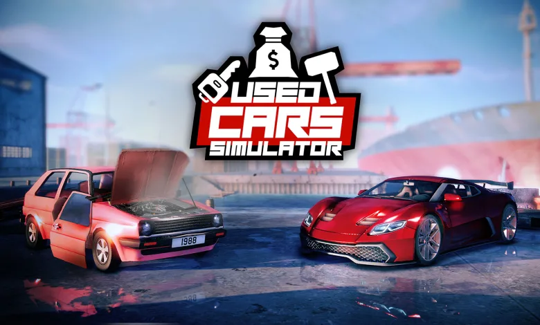 Used Cars Simulator logo above an old car with its hood open and a red sports car