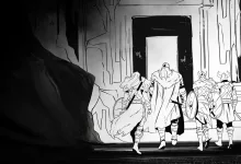 Black-and-white comic artwork showing Viking adventurers entering a large doorway