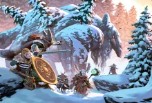 Valheim adventurers battle a massive creature among snow-covered trees and mountains