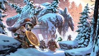 Valheim adventurers battle a massive creature among snow-covered trees and mountains