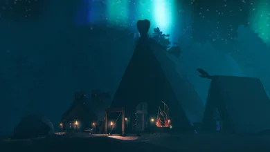 A dark Valheim settlement with wooden buildings and torchlight beneath a blue aurora