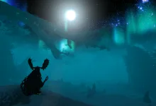 A silhouetted Valheim character stands in a blue moonlit landscape beneath an aurora