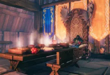 A Valheim banquet hall with long tables, food, blue and orange banners, and a seated character