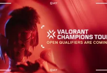 Red VALORANT Champions Tour graphic announcing that open qualifiers are coming, with a silhouetted agent on the left