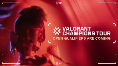 Red VALORANT Champions Tour graphic announcing that open qualifiers are coming, with a silhouetted agent on the left