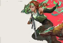 VALORANT agent in green tactical gear holding a rifle amid vivid green and red artwork