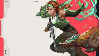 VALORANT agent in green tactical gear holding a rifle amid vivid green and red artwork