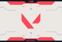 VALORANT logo centered in a white and red futuristic interface graphic