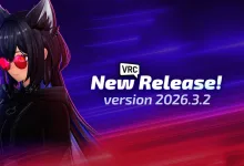 VRChat 2026.3.2 release artwork showing a cat-eared avatar against a purple and red background