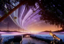 A flooded lakeside landscape at night with glowing trails across the sky, a bridge, and a telescope
