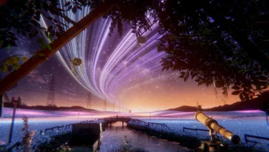 A flooded lakeside landscape at night with glowing trails across the sky, a bridge, and a telescope