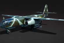Camouflaged War Thunder Ar 234 B-2 jet bomber shown from the front three-quarter view