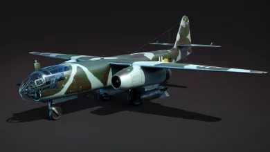 Camouflaged War Thunder Ar 234 B-2 jet bomber shown from the front three-quarter view