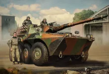 War Thunder artwork showing an armored vehicle with crew members outside a military building