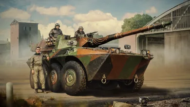 War Thunder artwork showing an armored vehicle with crew members outside a military building