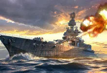 A War Thunder battleship fires its guns across the sea beneath a cloudy sky.