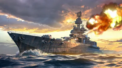 A War Thunder battleship fires its guns across the sea beneath a cloudy sky.