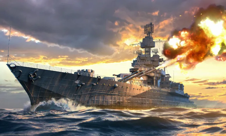 A War Thunder battleship fires its guns across the sea beneath a cloudy sky.