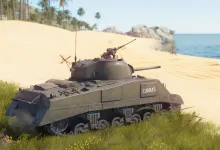 War Thunder tank displaying the Cuddles marking beside a tropical beach