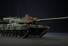 A camouflaged EMBT hybrid tank with a long main gun displayed in War Thunder.