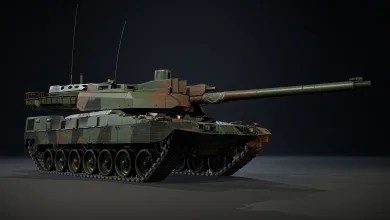 A camouflaged EMBT hybrid tank with a long main gun displayed in War Thunder.