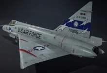 A gray F-102A Delta Dagger is shown from above and behind in U.S. Air Force markings, with its broad delta wings and tall tail visible.