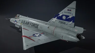 A gray F-102A Delta Dagger is shown from above and behind in U.S. Air Force markings, with its broad delta wings and tall tail visible.