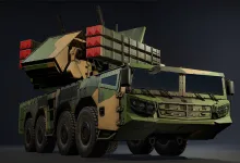 War Thunder's FK-2000 air-defense vehicle shown from the front with its missile launcher raised