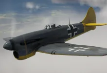 German-marked Tempest Mk V fighter flying through the clouds in War Thunder