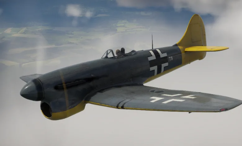 German-marked Tempest Mk V fighter flying through the clouds in War Thunder