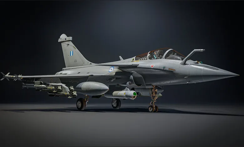 A Greek-marked Rafale EG fighter aircraft carrying missiles against a dark background