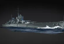 HMS Lion battleship sailing at sea in a side-profile render.