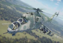 Mi-24 attack helicopter flying over a blurred landscape in War Thunder