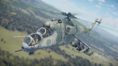 Mi-24 attack helicopter flying over a blurred landscape in War Thunder