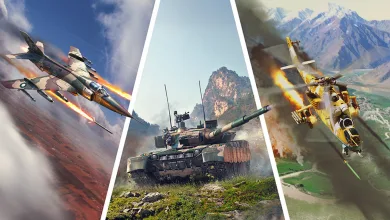 War Thunder artwork showing a Pakistani aircraft, tank, and helicopter in combat scenes