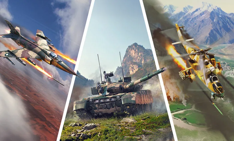 War Thunder artwork showing a Pakistani aircraft, tank, and helicopter in combat scenes