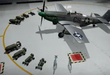 A War Thunder P-51D-10 fighter with US markings sits on a runway beside an array of bombs and other weapons.