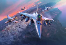 Several War Thunder fighter aircraft fly in formation over a mountainous landscape