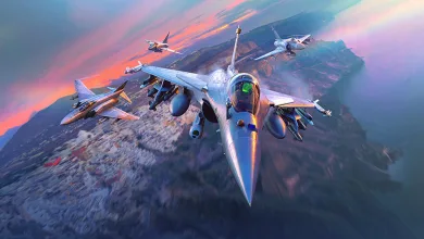 Several War Thunder fighter aircraft fly in formation over a mountainous landscape